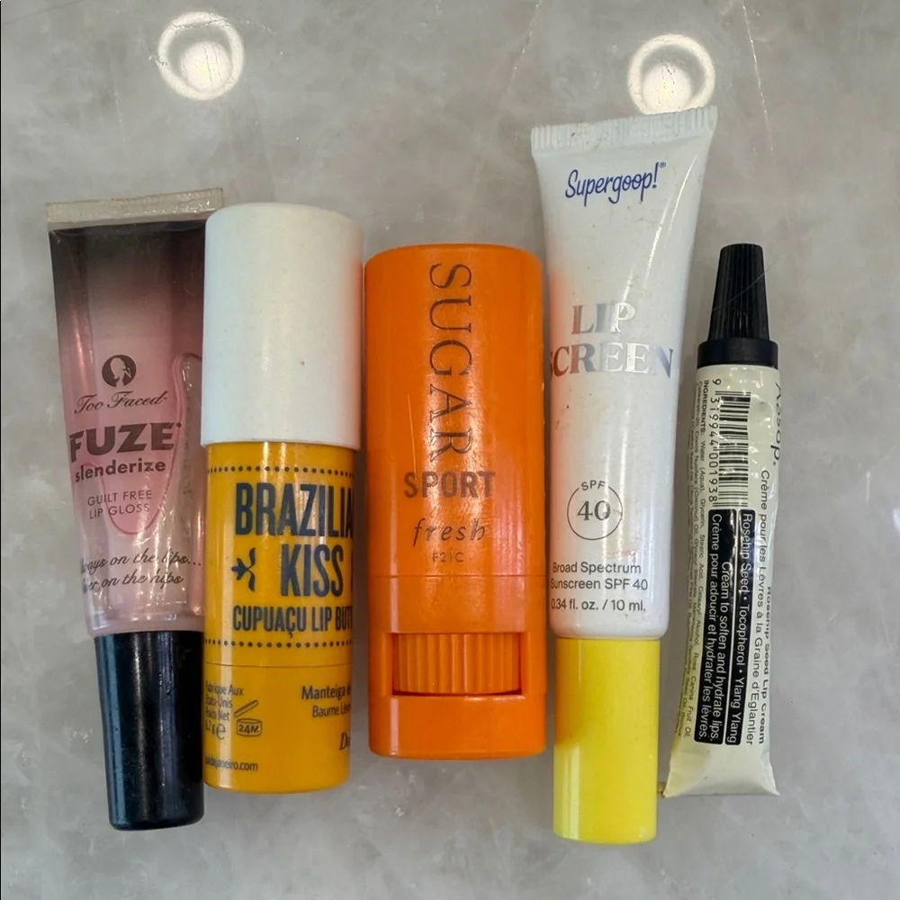 Lip Gloss & Lip Protector Bundle-Too Faced, Aesop, SuperGoop, Sugar, Sol Janeiro